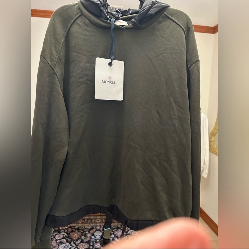 Women’s Moncler cotton blend belted hoodie, detachable hood size large
